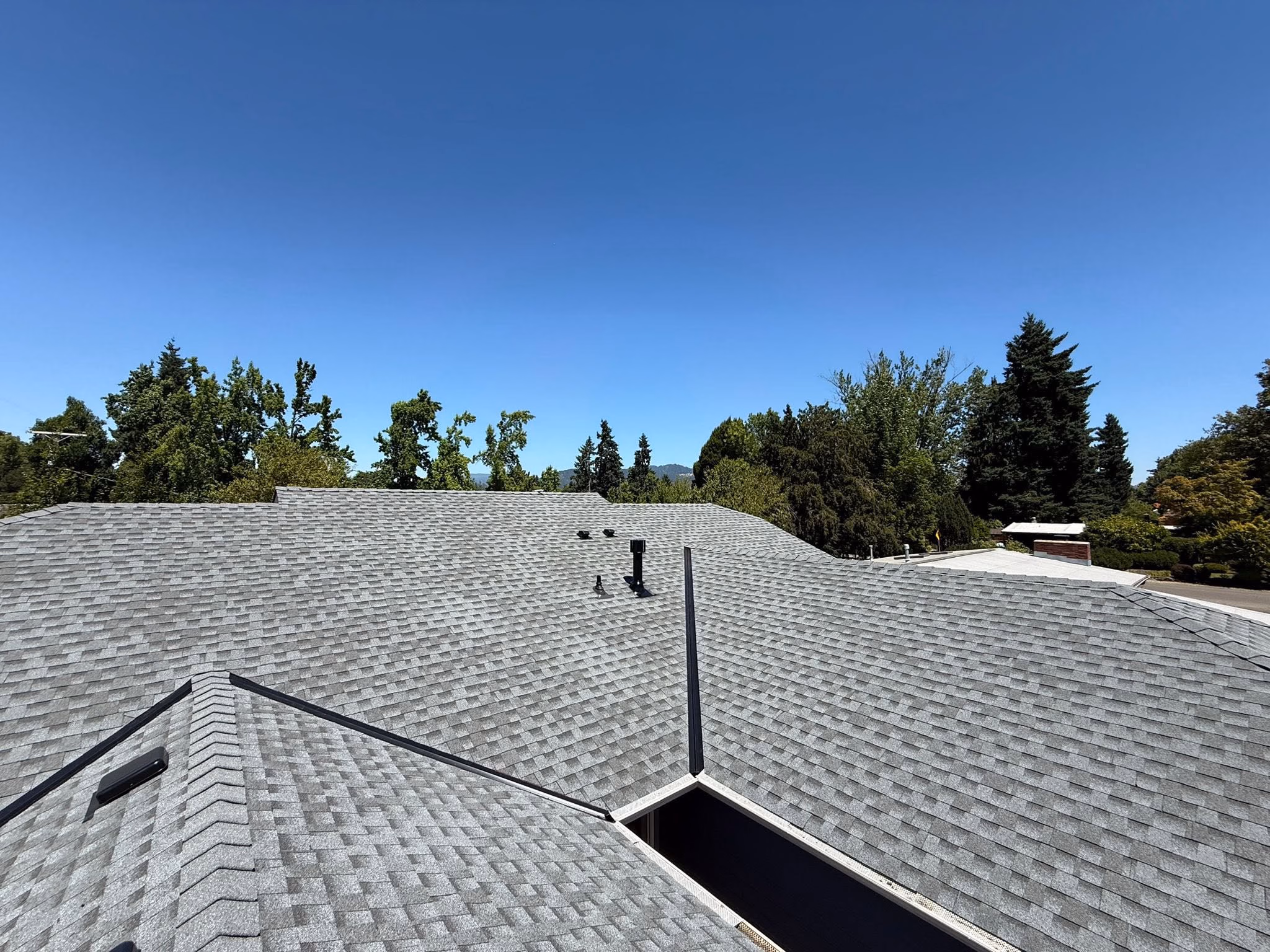 Wide view of a gray shingled roof under a clear blue sky with green trees in the background.